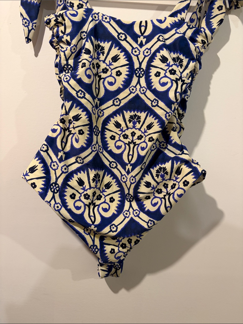Johanna Ortiz Blue and Cream Patterned Tie-Shoulder One-Piece Swimsuit sz Large - Picture 9 of 11